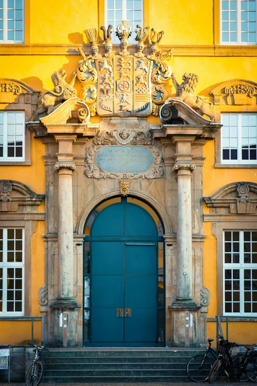 a building has a blue and white door