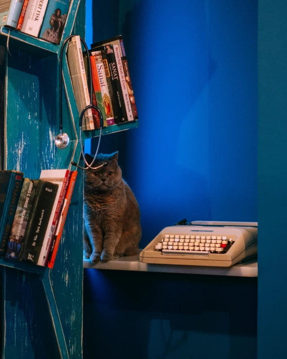 a cat sitting on a shelf near a keyboard and books