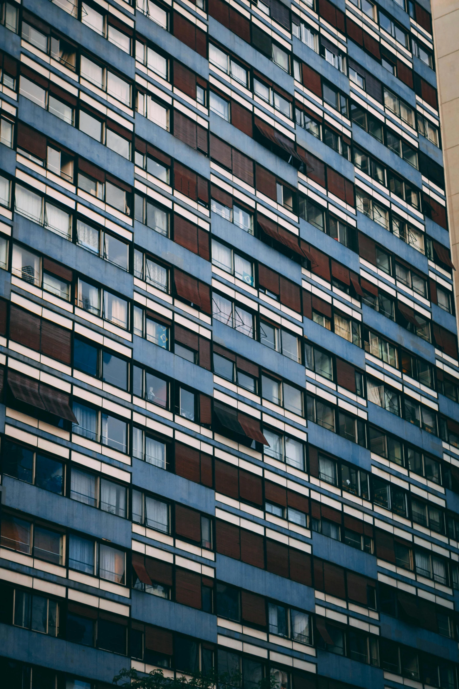 tall blue and brown building with multiple windows