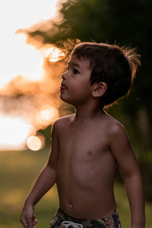 a small shirtless boy wearing swimming trunks with trees in background