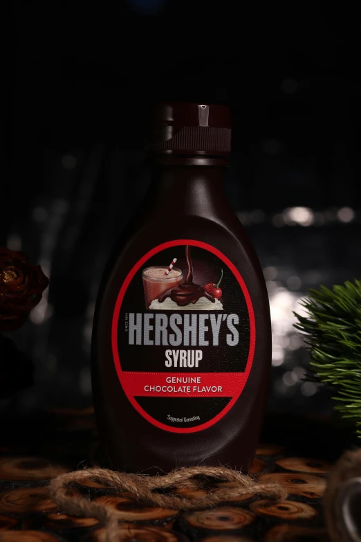 the bottle of hershey's syrup sits on top of some food