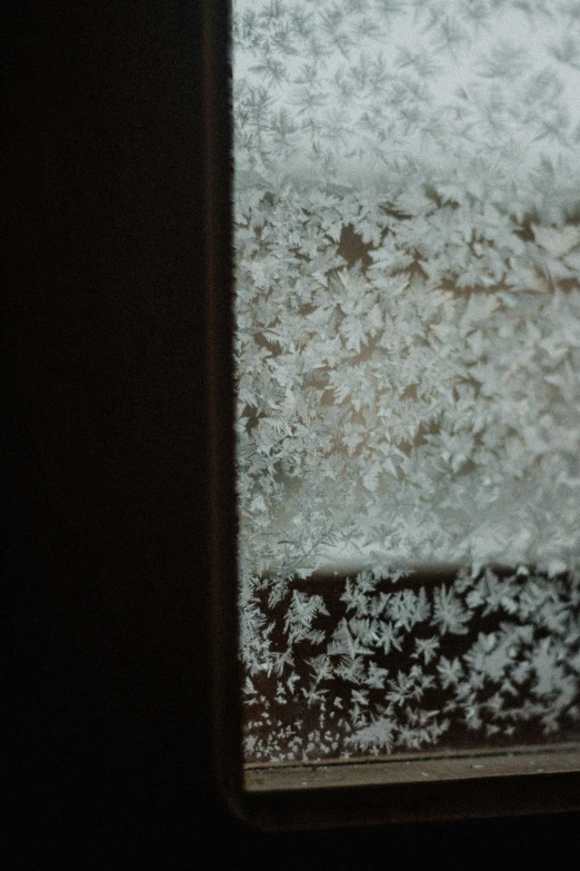 the snow and ice crystals are visible through a window