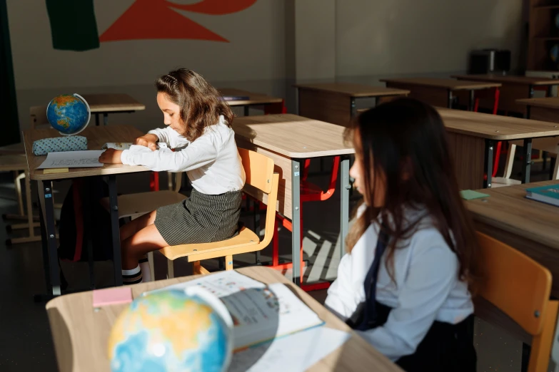 two s sit at desks and work on some books