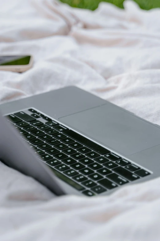 a laptop computer sitting on top of a bed