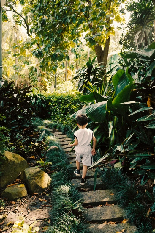 a boy in a white shirt is walking up a rock and grass trail