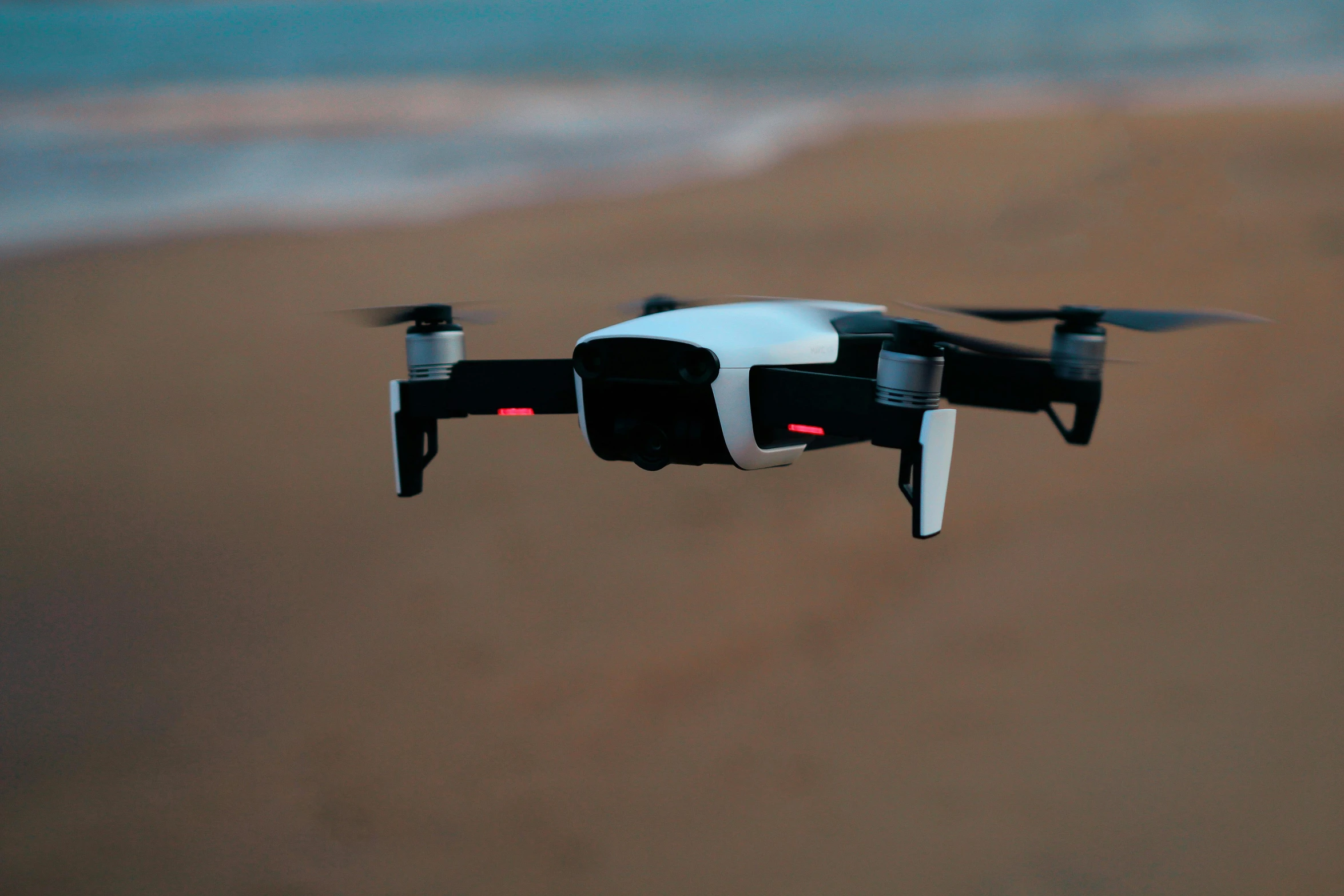 a black and white flying by some water on the beach