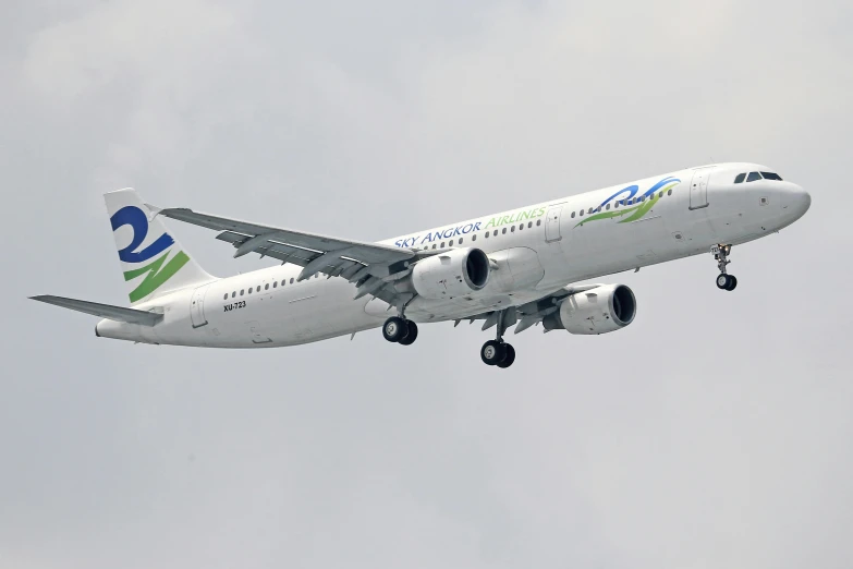 a commercial jet in the air with its landing gear down