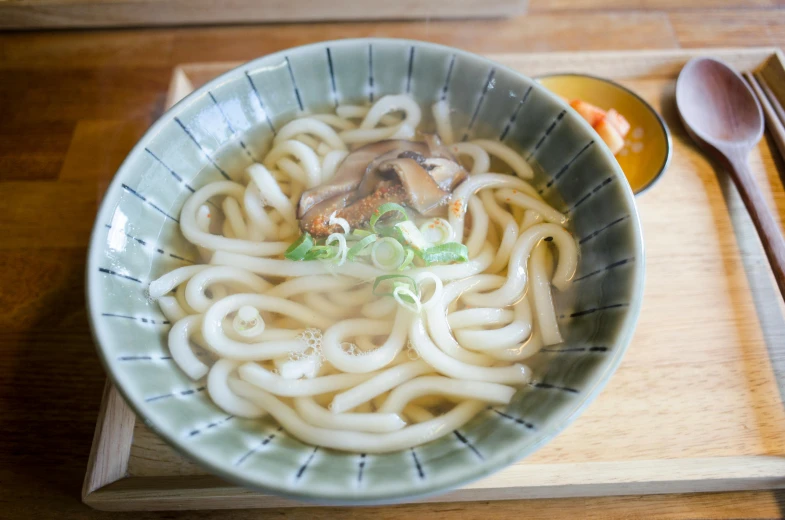 a white bowl of noodles and carrots with broth