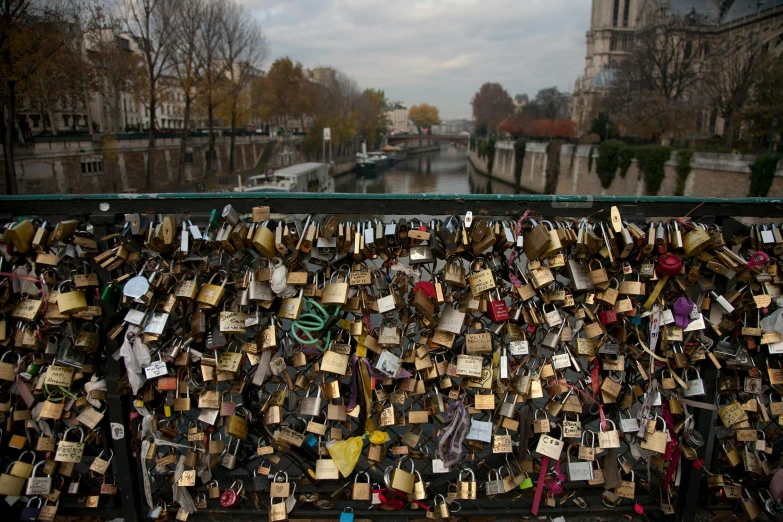 several locks attached to the wall next to the water