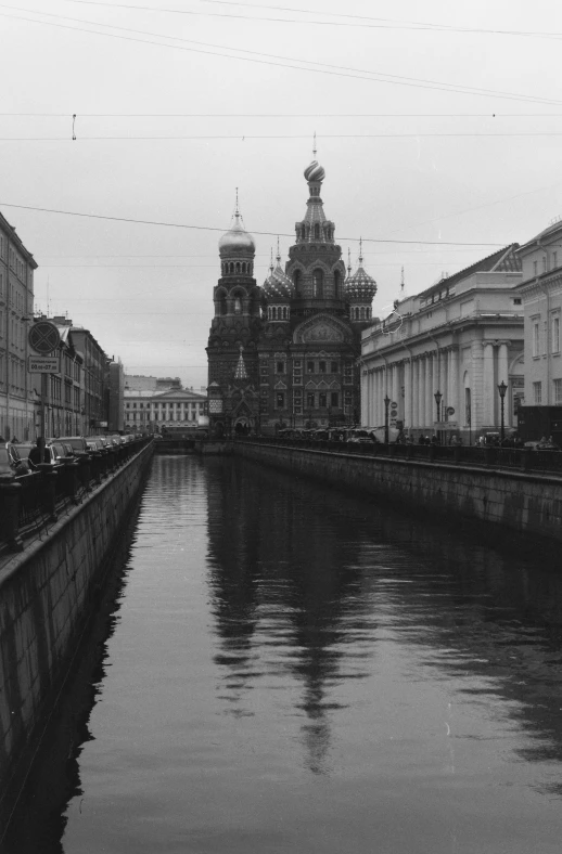 a black and white po with a city in the background