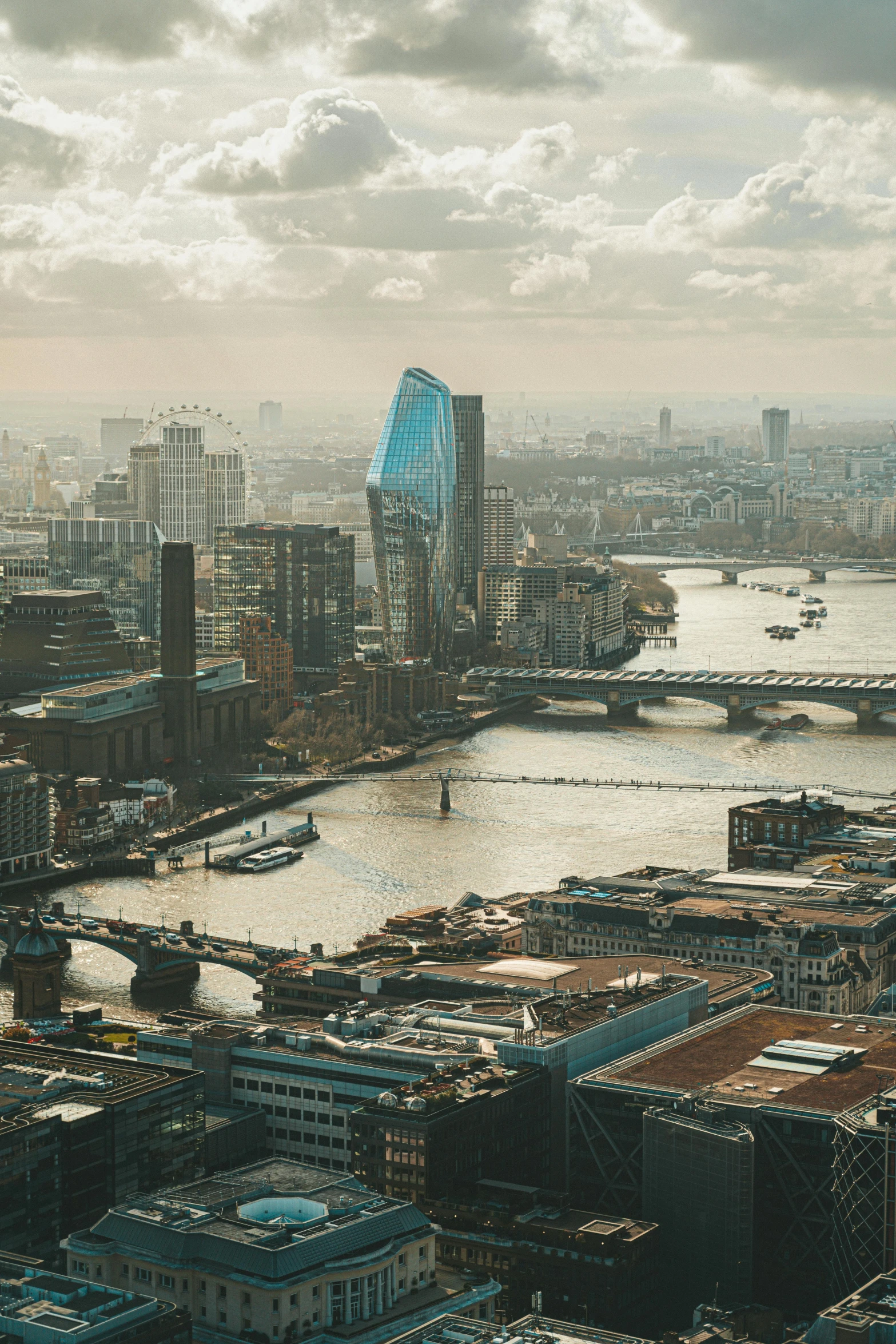 an aerial view of a large body of water and buildings