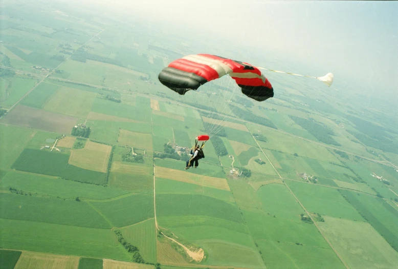 two people para - sailing over an aerial landscape