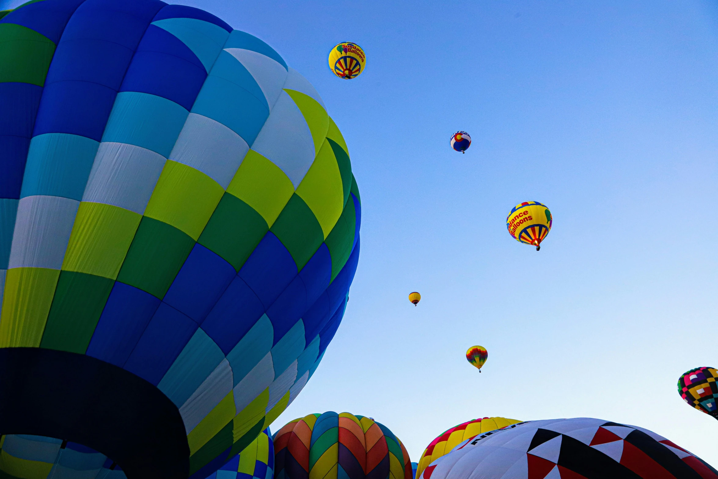 a field full of different balloons flying in the sky