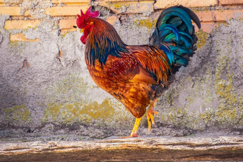 the colorful chicken has red, yellow and blue feathers