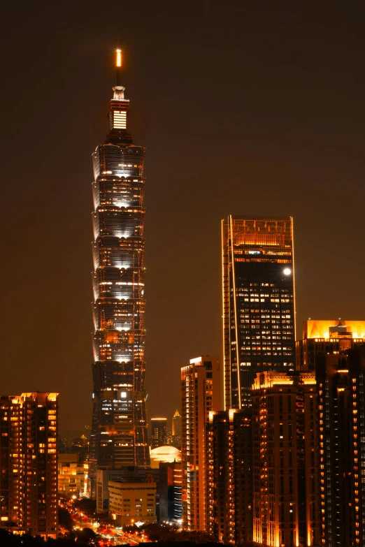 city skyline at night with lights from skyscrs