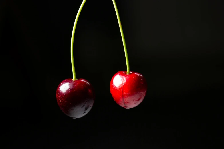 two cherries hanging from stem with light reflecting on them