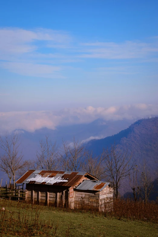 a dilapidated barn sits in a pasture overlooking the mountains