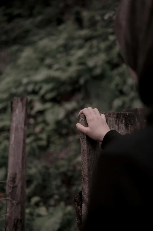 the person is peeking over the wooden fence