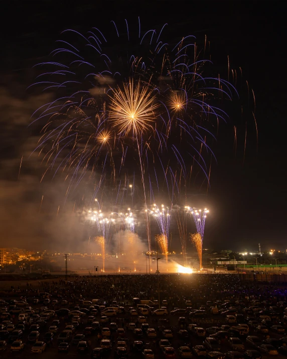 fireworks exploding in the dark sky over a city