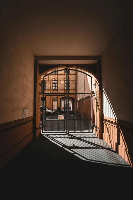 an arched entry way leading into a building