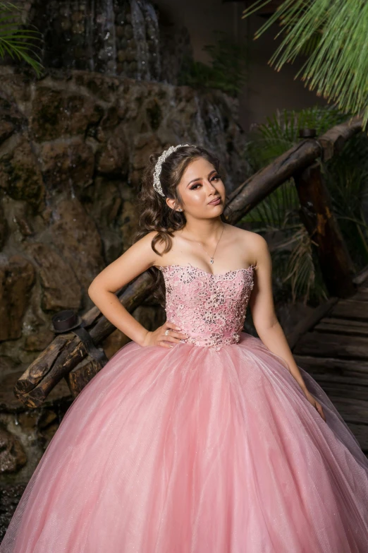 a girl in pink gown with tiara standing on steps