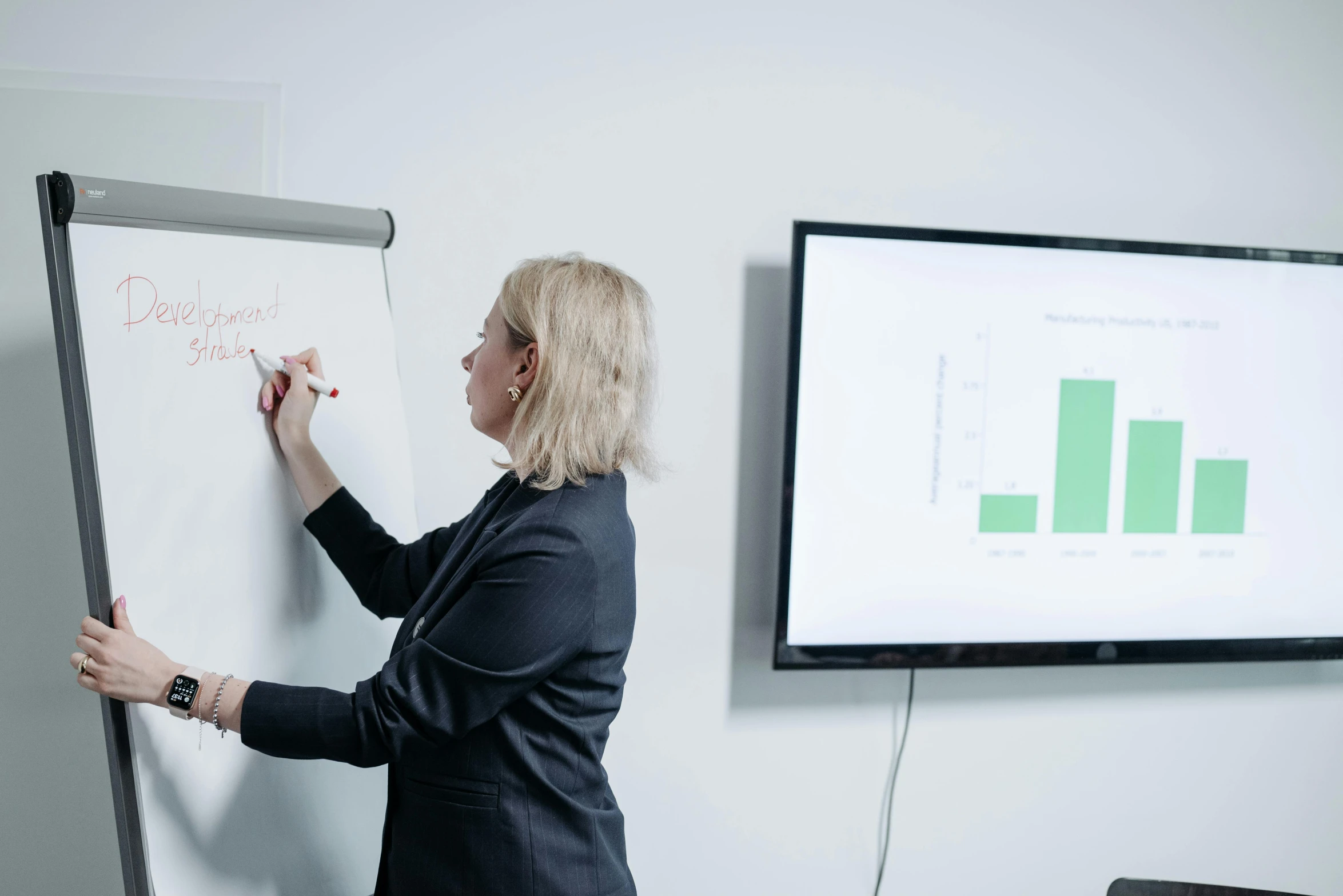 a woman writing on a white board in an office