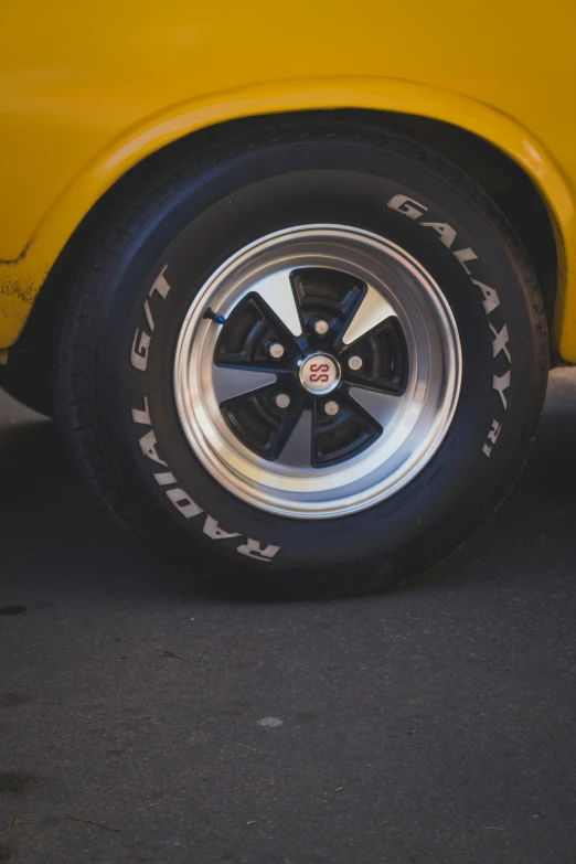 the tire wheel on the yellow car is shiny