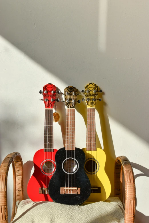 a chair with some guitar standing up against it