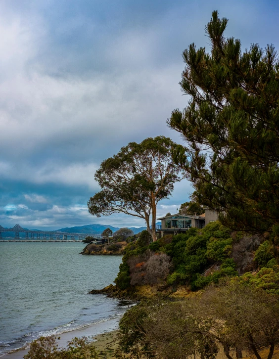 the view of a water front with trees on the shore