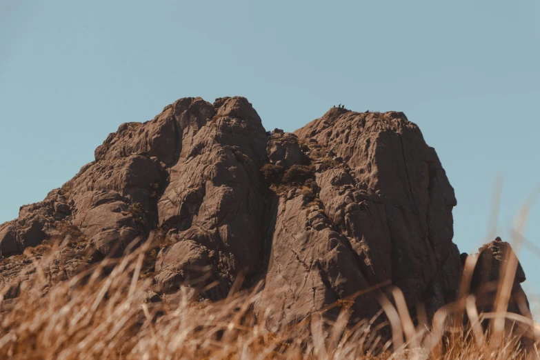 there is a rock face in the center of a tall grassy field