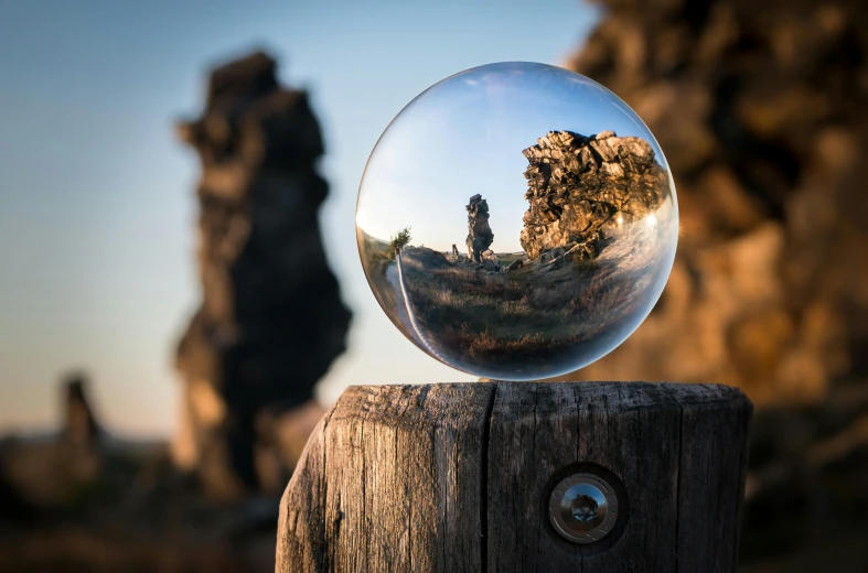 this is an image of the reflection of a person in a round object