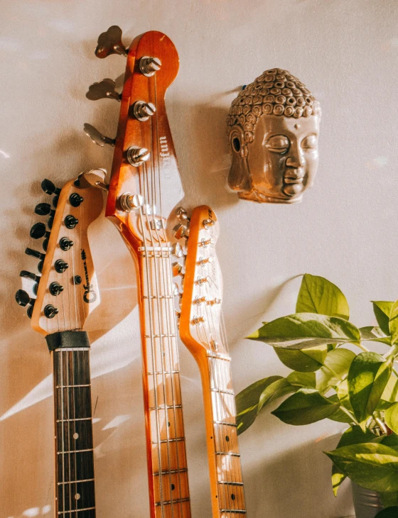 two guitars, one with an image of a head on it