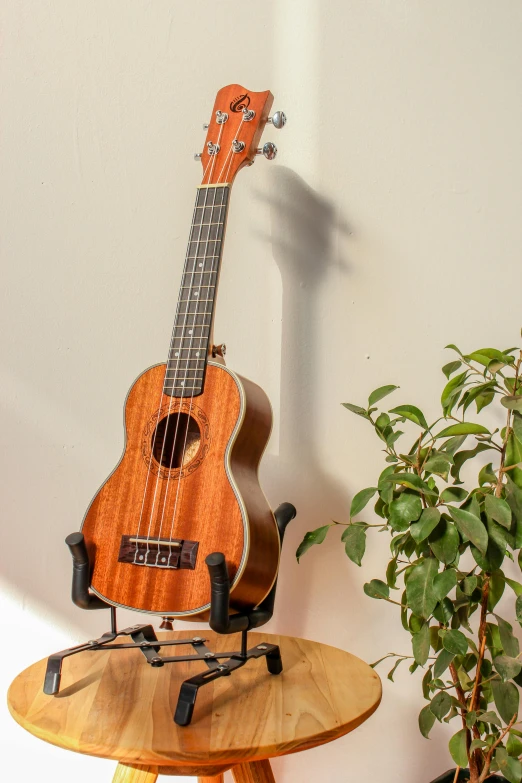 an old model guitar on a stand against a wall