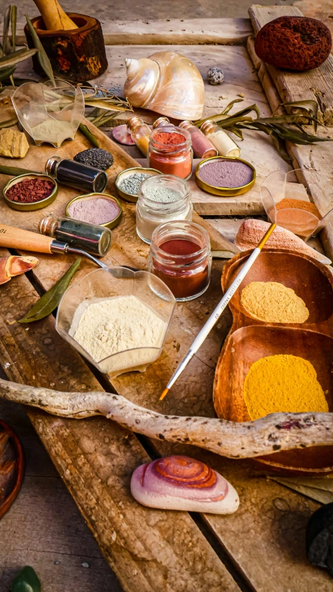 ingredients are spread out on an antique wooden tray