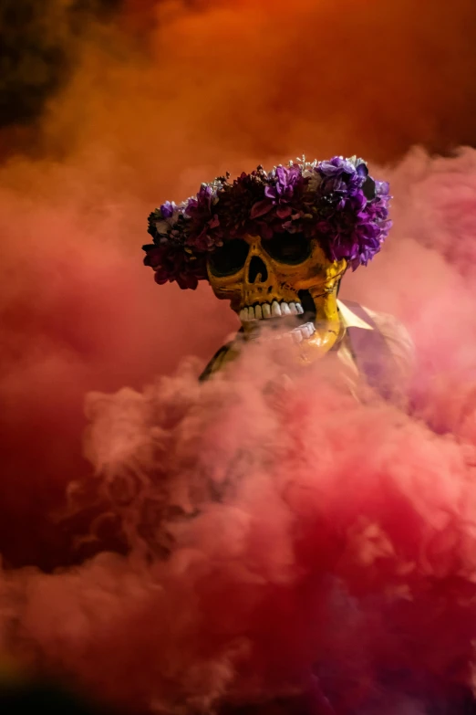 a fake skull with flowers is wearing a colorful floral crown