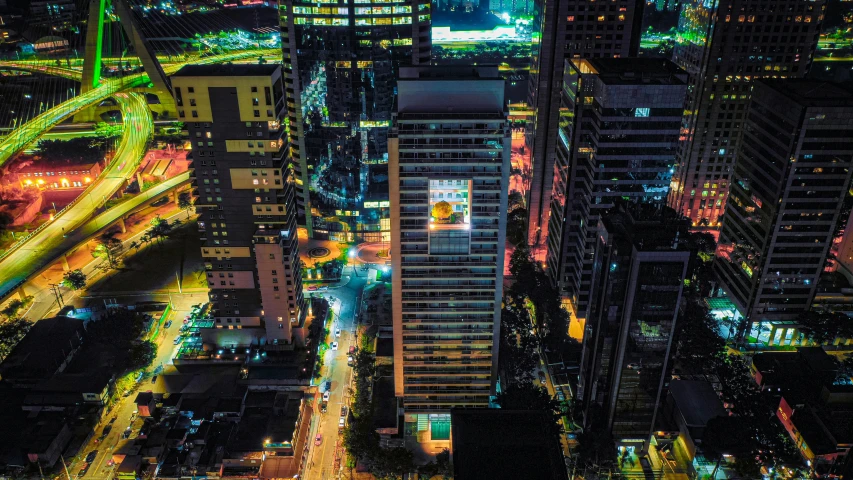 an aerial view of some large city at night