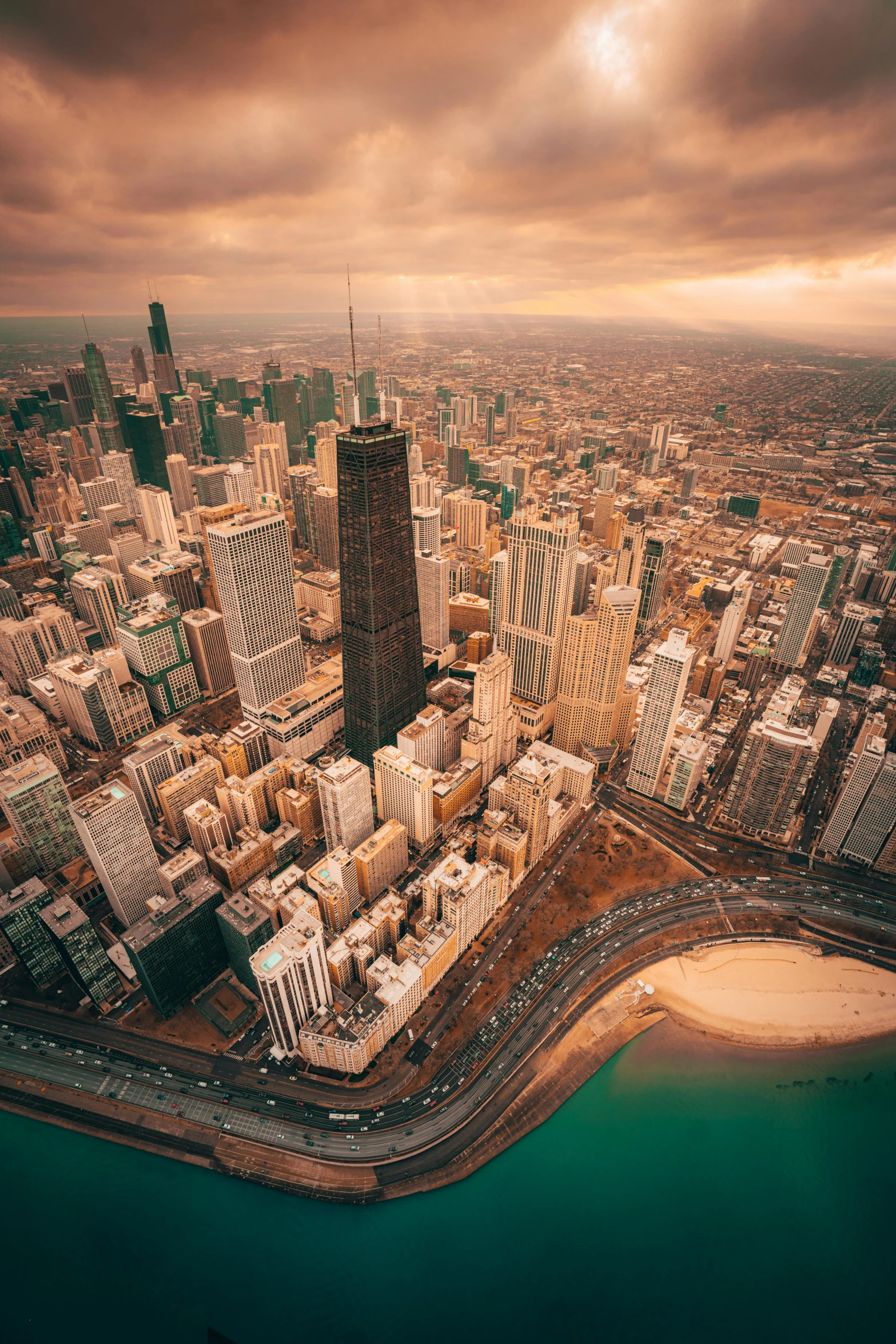 aerial view of the skyline at sunset from a distance