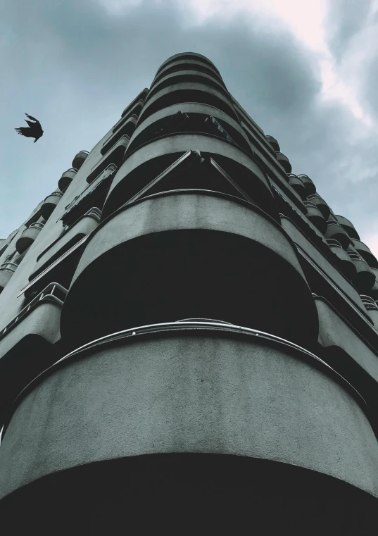 an upward view of a multistory building with birds flying over the balconies