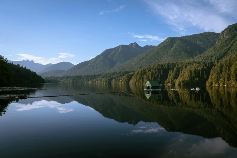 lake surrounded by wooded area and mountains, with clear water