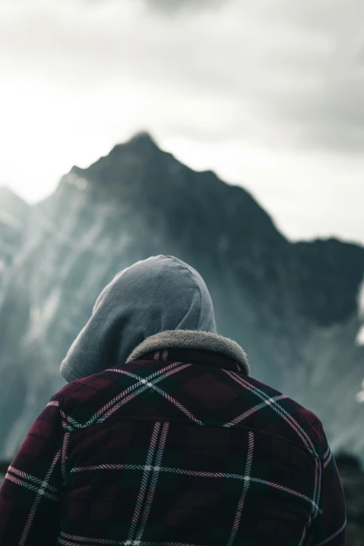 the back view of a person wearing a plaid coat, standing on a mountain