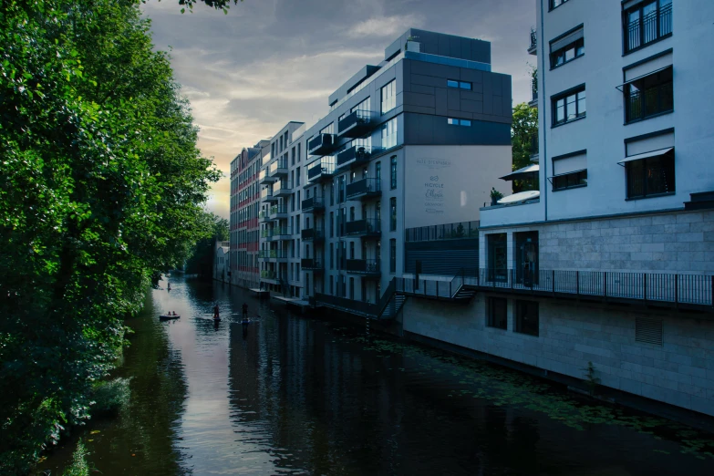 the building on the river has many balconies