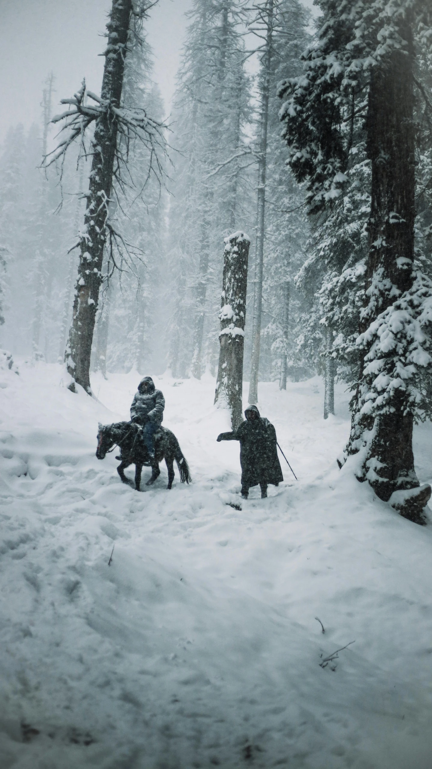 two people are riding horses through the snow