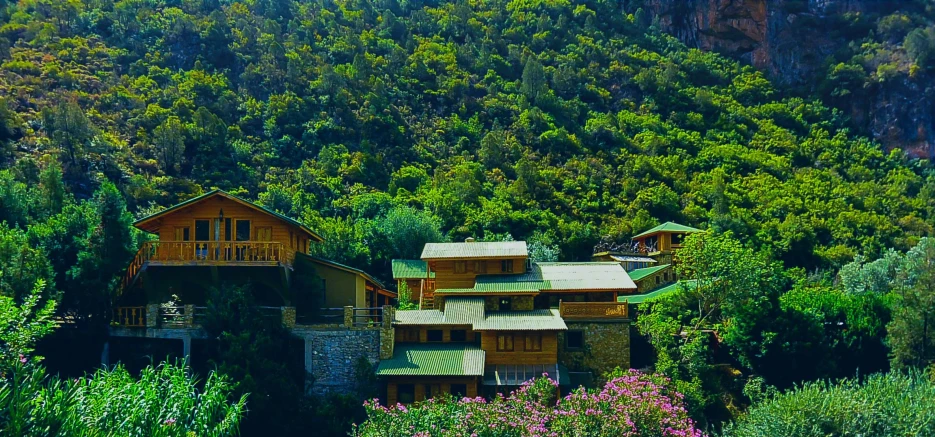 a very large wooden house nestled in the mountains