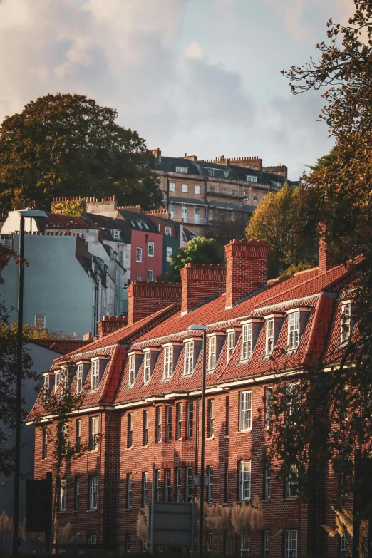 a row of brown buildings with trees growing beside them