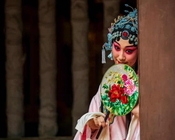 the geisha is dressed up in her traditional costume