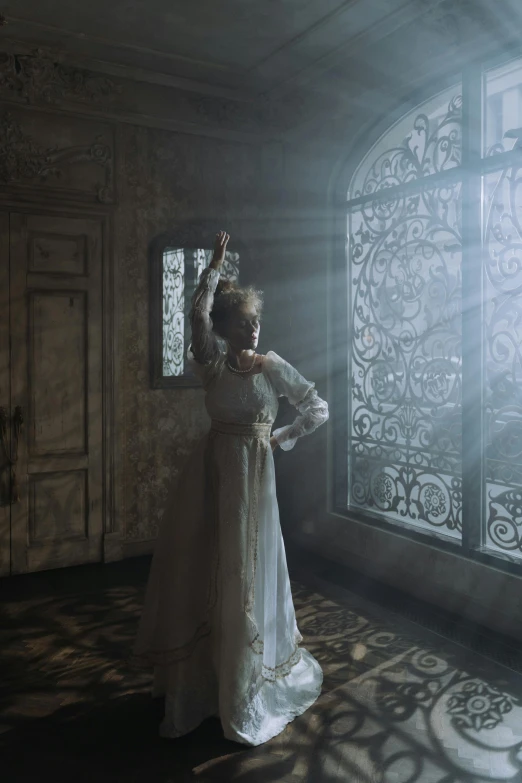 an elegant woman with white hair is posing in a room, illuminated by the window