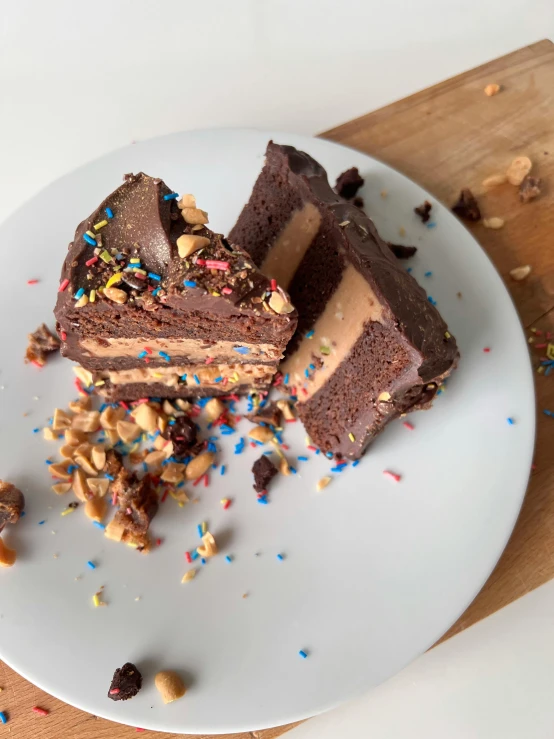 two pieces of cake on a plate on a table