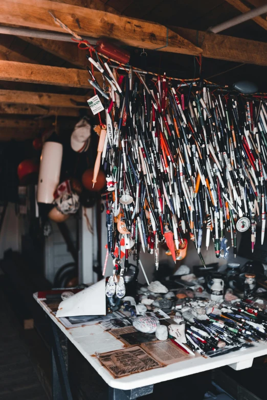 a collection of necklaces are strung together on a table