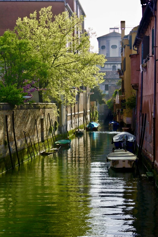 the boats are lined up in the narrow canal