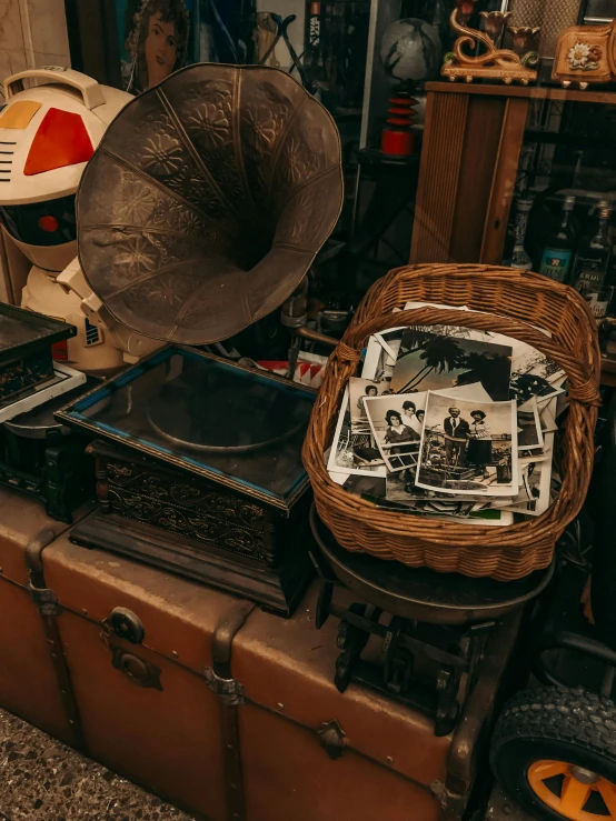 some music equipment on the ground with a person in the background